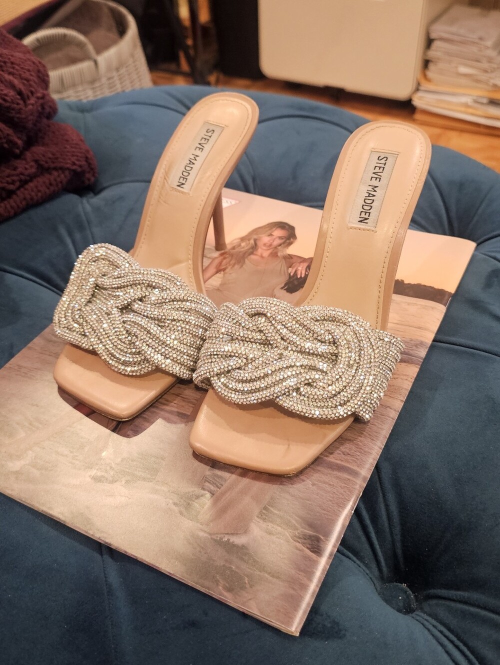 Steve Madden Applaud Nude Silver Crystal Knot Slide Heels